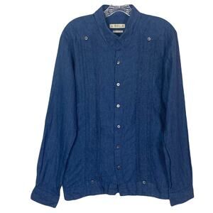 NWOT ABITO Top Shirt M Navy Linen Embroidery Crochet Pleated Slim-Fit Long-Sleev